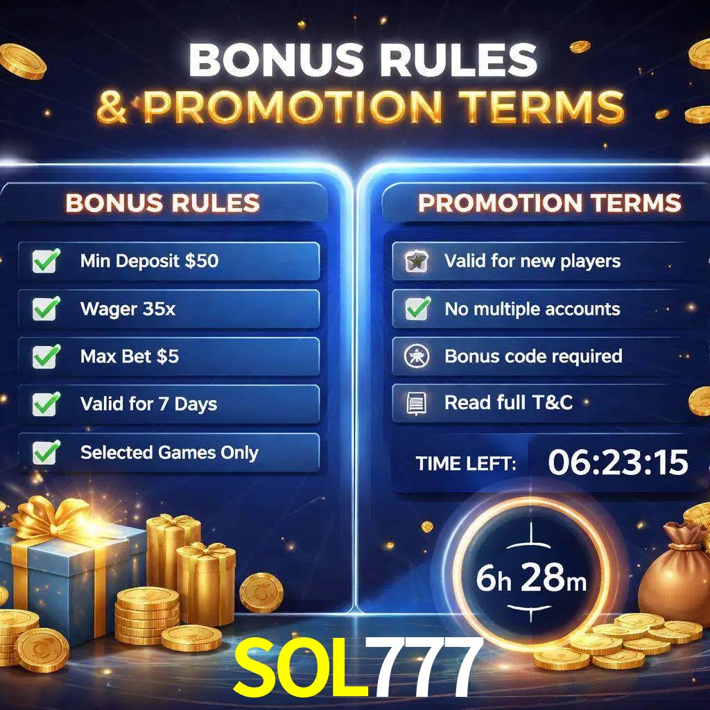 Reglas de promoción SOL777 y condiciones de bonos explicadas visualmente