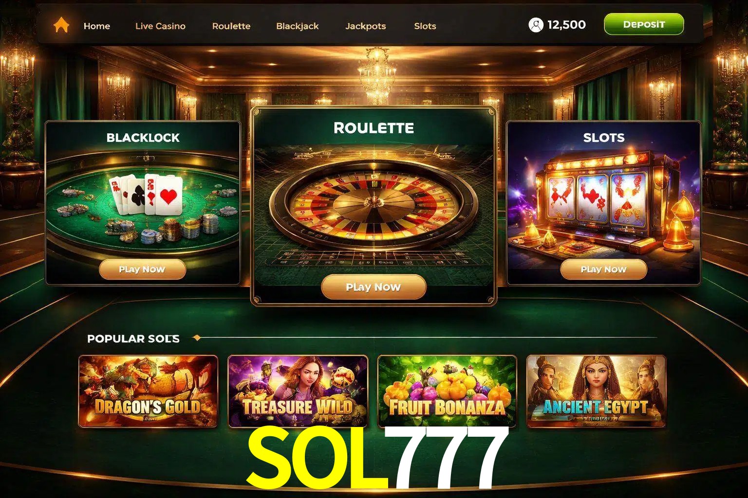 Vista de la plataforma SOL777 Casino mostrando categorías organizadas de juegos en línea