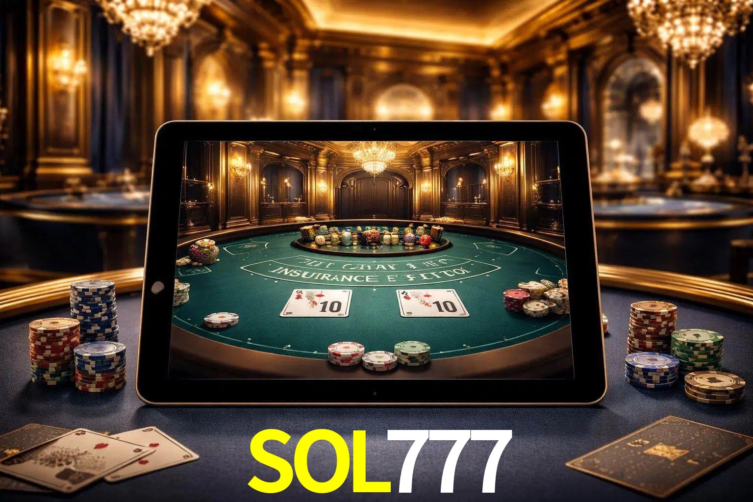 Configuración moderna de casino en vivo con una tableta mostrando una mesa de blackjack, luces cálidas de estudio y una atmósfera elegante de juegos digitales.