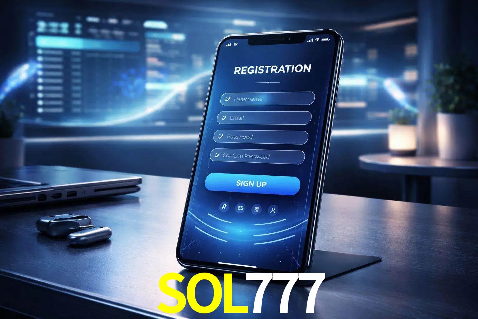 Una interfaz moderna de registro móvil para SOL777 mostrada en un smartphone con un panel de apuestas elegante.